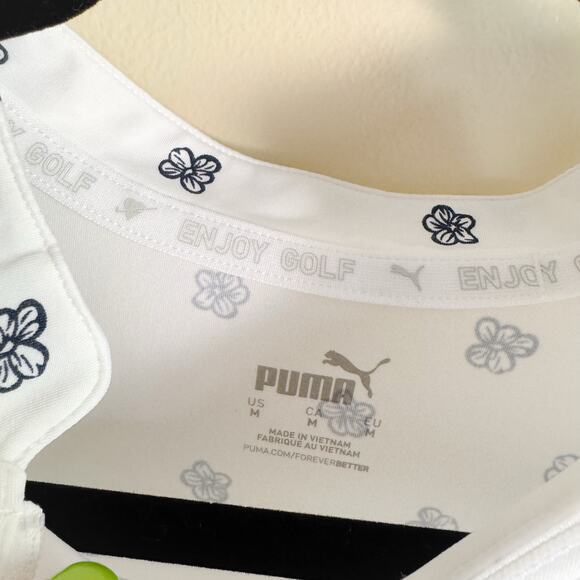 Puma White + Blue Hibiscus Floral Print Zip Closure Polo - Medium - Picture 4 of 10